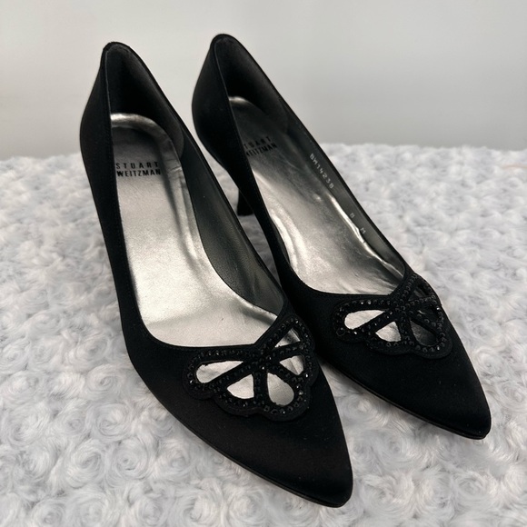 NWT Stuart Weitzman Satin Rhinestone Trim Kitten Heels - Picture 1 of 8